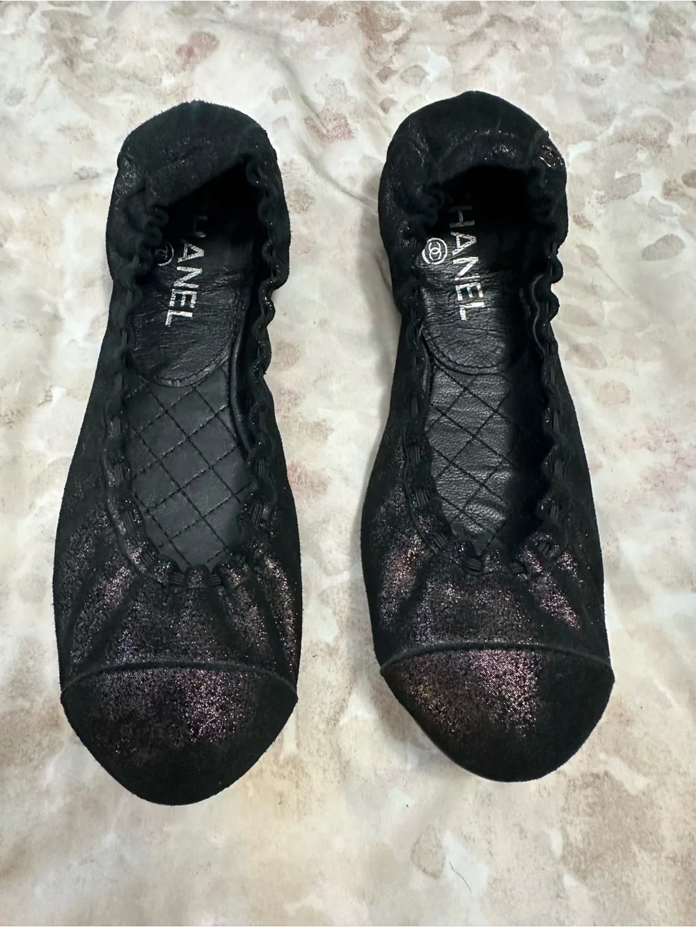 CHANEL Black Quilted Leather Slip-On Ballet Flats with Branded Dust Bag